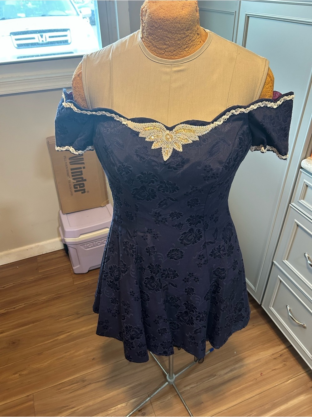 Roberta Bridal Navy One-Shoulder Fit & Flare Dress with Gold Applique Size 4